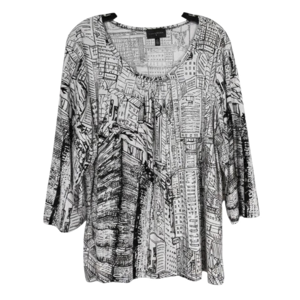 INVESTMENTS II Black STRETCH KNIT City Print PLEATED NECKLINE Blouse/Top 3X